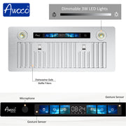 Awoco RH-BQ-V 11.75”D Built-in Insert Stainless Steel Range Hood, Kitchen Hood with 4-Speed Exhaust Fan, Voice, Gesture, Touch & Remote Controls, 6" Round Top Vent, 800 CFM, Dimmable LED Lights, Baffle Filters