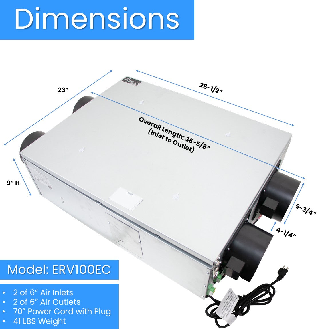 Awoco 6” Vent Energy Recovery Ventilator (ERV) System Various Speeds 100 CFM with Filter, Energy Saving HVI Certified