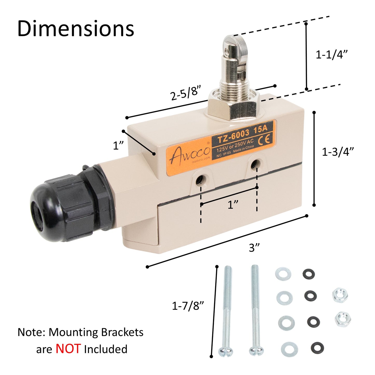 Awoco TZ-6003 Heavy Duty Commercial Door Micro Switch with Cross Roller Plunger for Air Curtains, 250V IP 65 Limit Switch Type NO and Type NC