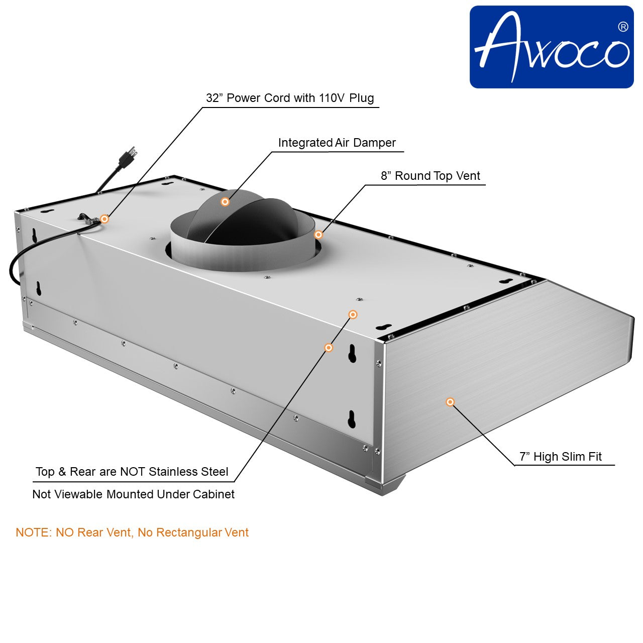 Awoco RH-S10-MS Under Cabinet Supreme 7” High Stainless Steel Range Hood, 4 Speeds with Gesture Sensing Touch Control Panel, 8” Round Top Vent, 1000 CFM with Remote Control & LED Lights