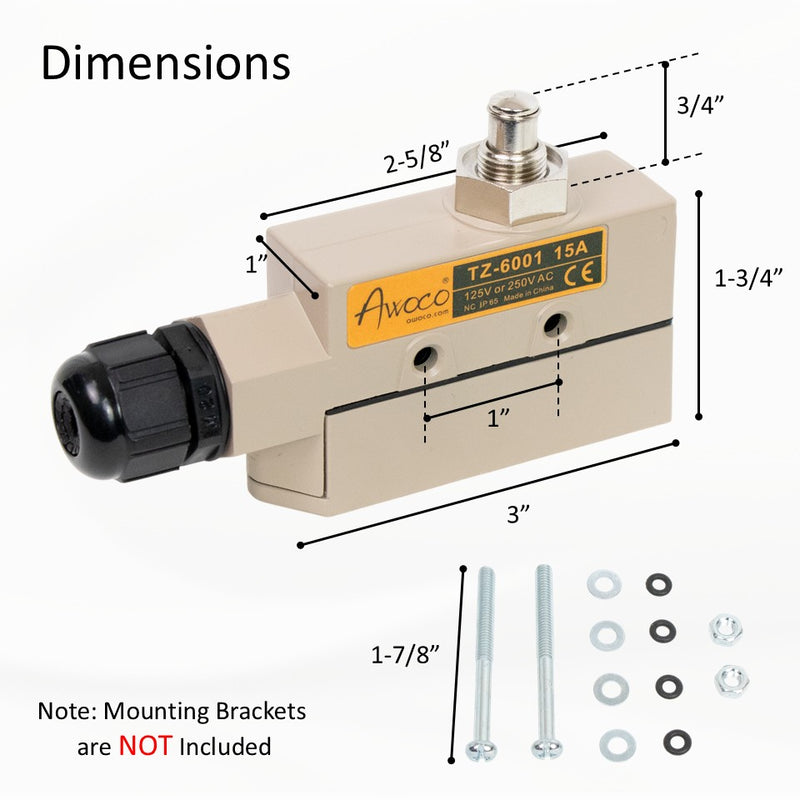 Awoco TZ-6001 Heavy Duty Commercial Plunger Door Micro Switch for Air Curtains, 250V IP 65 Limit Switch Type NO and Type NC