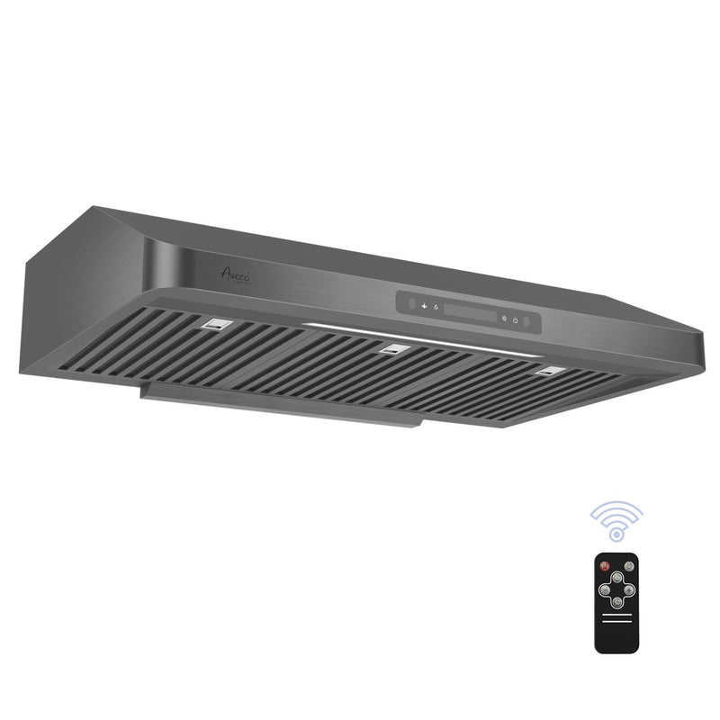 Awoco RH-UC7 36” Under Cabinet 7” High Stainless Steel Black Range Hood, 6 Speeds with Gesture Sensing Touch Control Panel, 900 CFM with Remote Control, 5W LED Light Bar