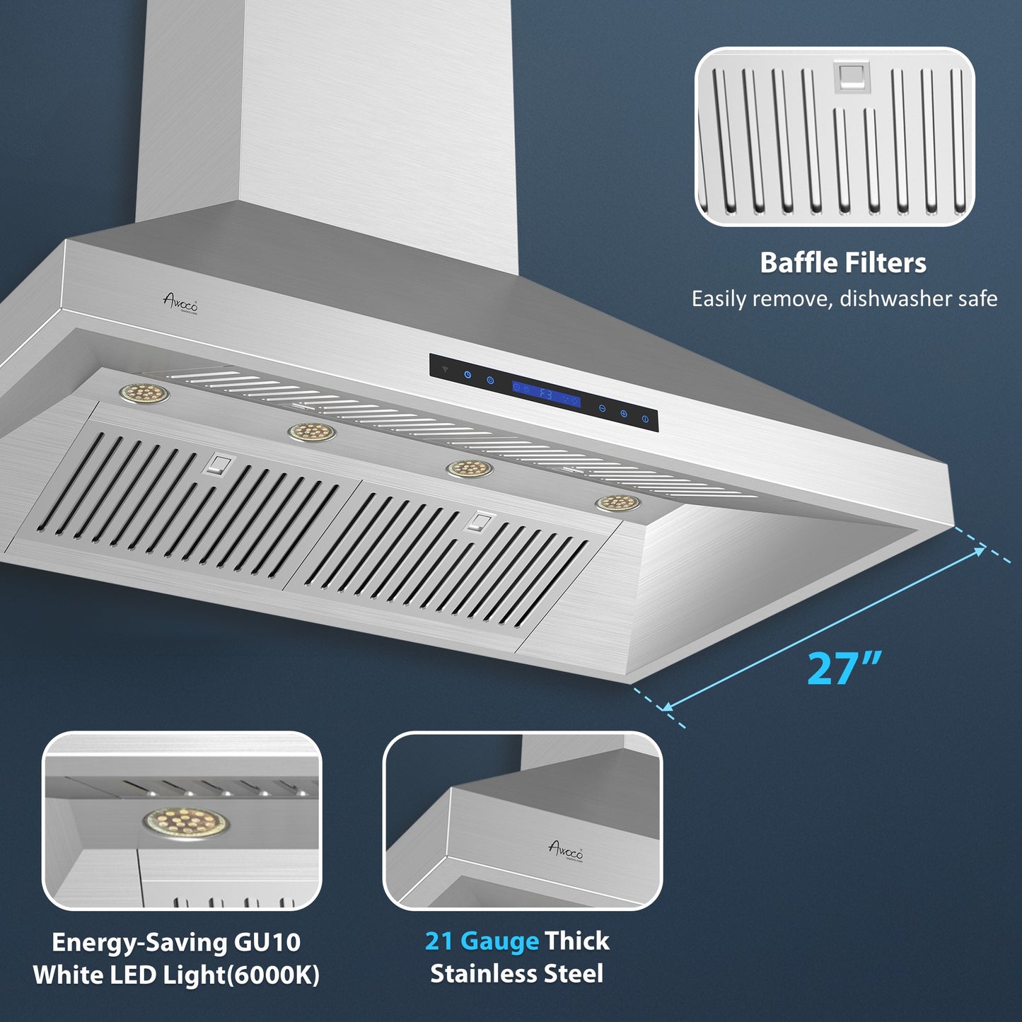 Awoco 48”W Indoor 27”D Wall Mount Range Hood with Touch & Remote Control, Stainless Steel 4 Speeds 1200 CFM Adjustable Chimneys 4 LED Lights 2 x 6” Round Top Vent