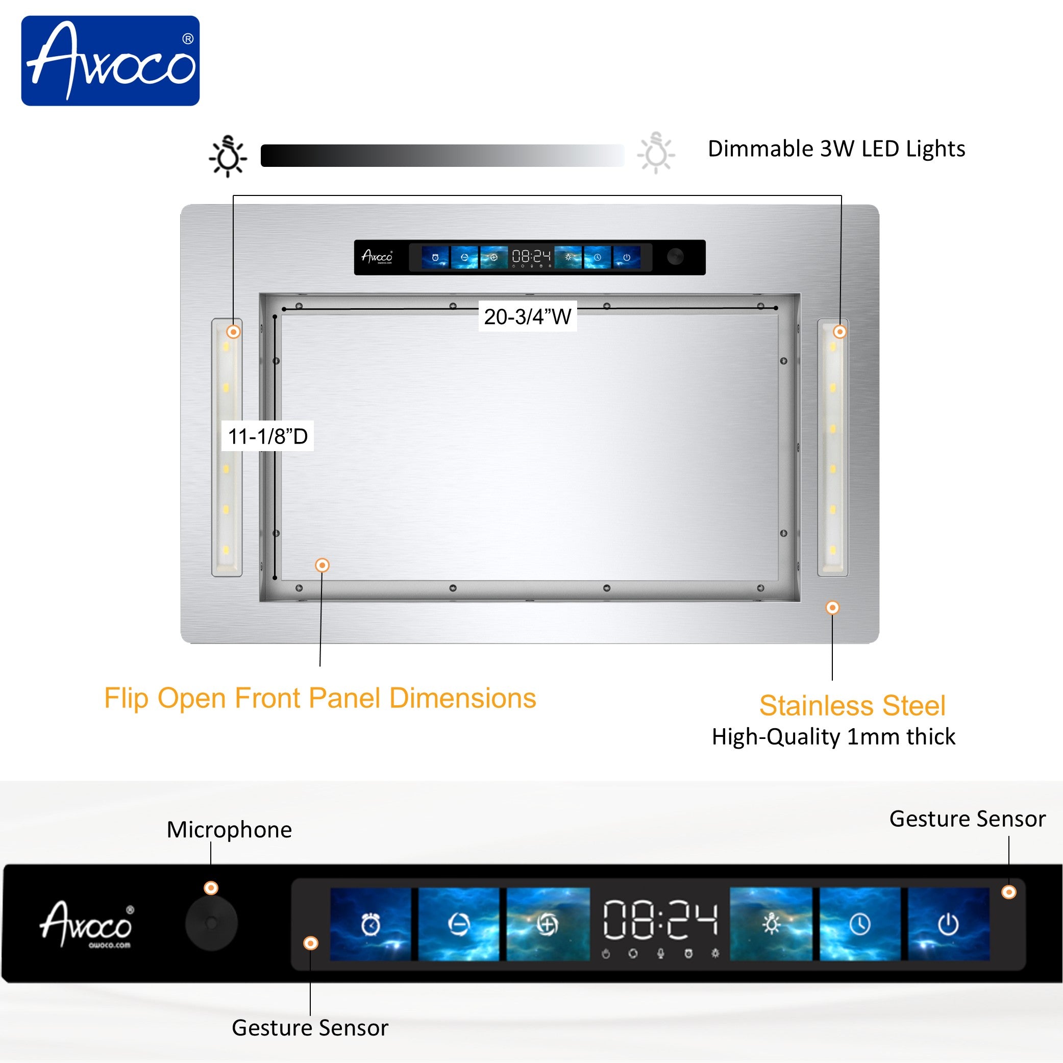 Awoco RH-IT06-GV 18.5”D Flush Ceiling Mount Split Insert Range Hood with Voice, Gesture, Touch, Remote Controls, 4-Speed 800 CFM Stainless Steel Hood with 6” Round Vent LED Lights