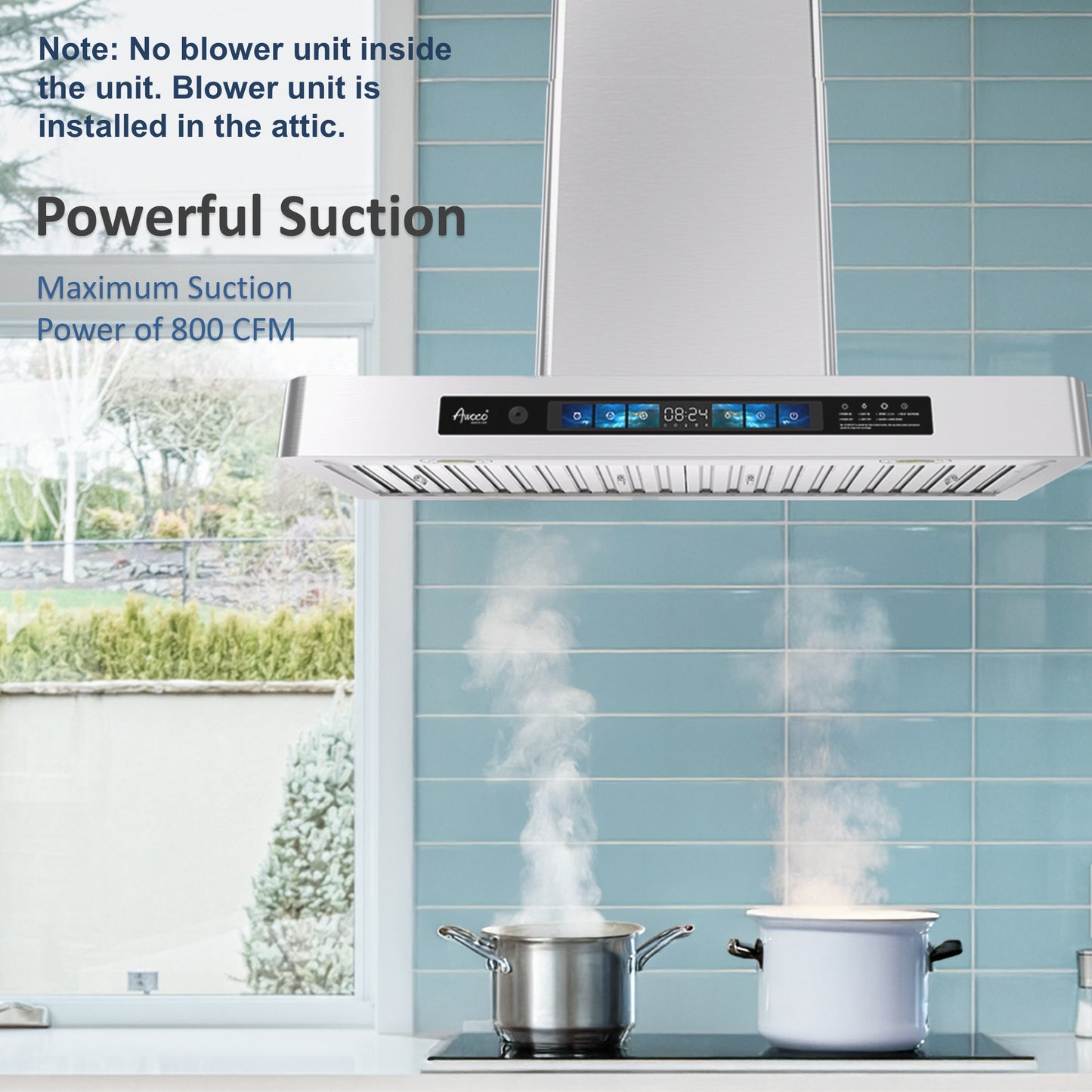 Awoco RH-WT-V Wall Mount Range Hood - 800CFM - Voice & Gesture -  Adjustable Chimney, With 6” Blower Unit