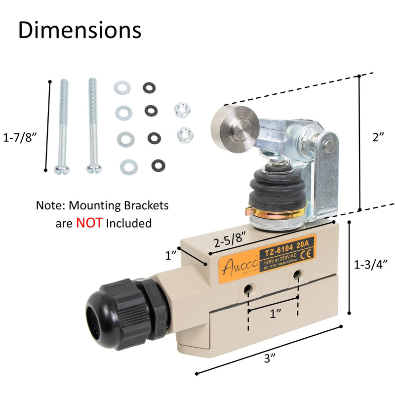 Awoco TZ-6104 Heavy Duty Commercial Door Micro Switch with Roller Plunger for Air Curtains, 250V 20A IP 65 Limit Switch Type NO and Type NC