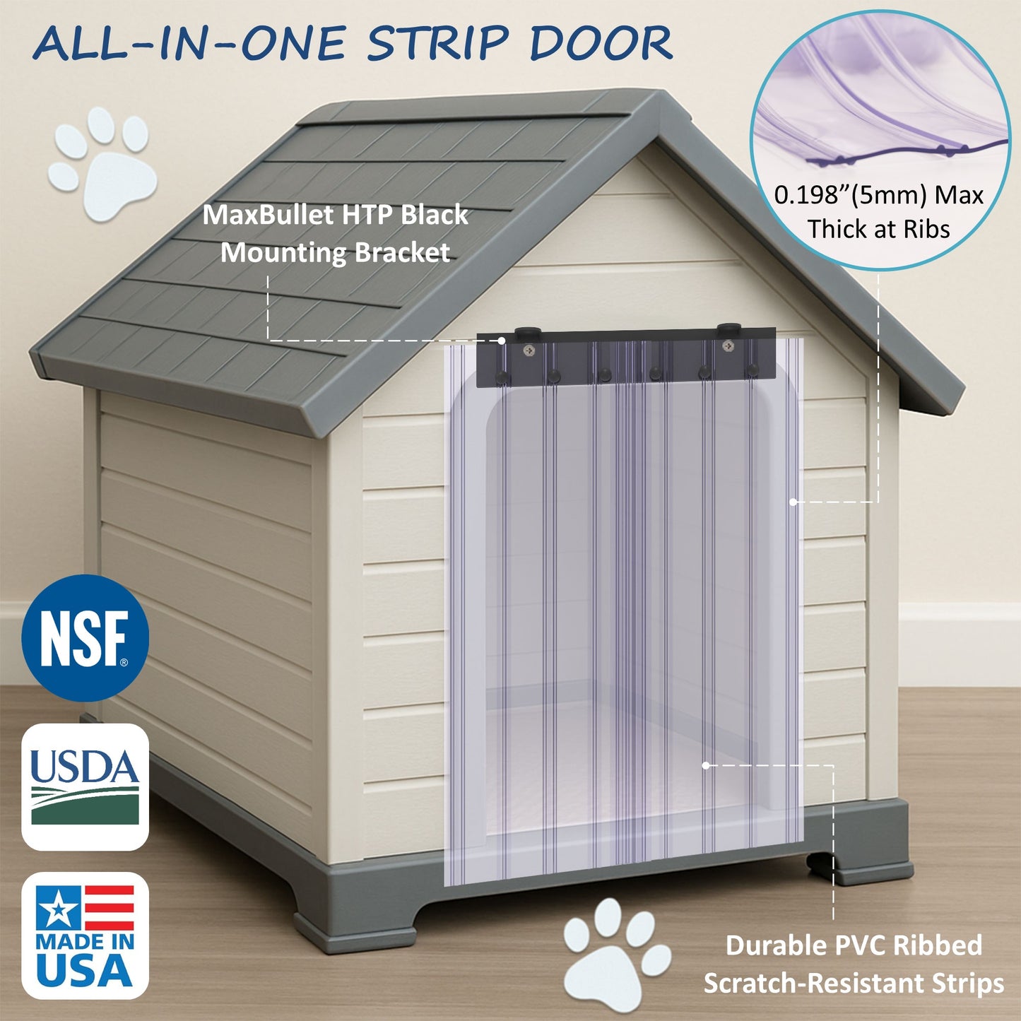 Awoco Pet Door Scratch-Resistant Flap Set 12" Wide, 0.198" Max Thick at Ribs, Clear PVC Strip with HTP Mounting Kit for Pet Doors, Weatherproof, Less Odor, Made in USA, Fits Doghouse & Cat Doors