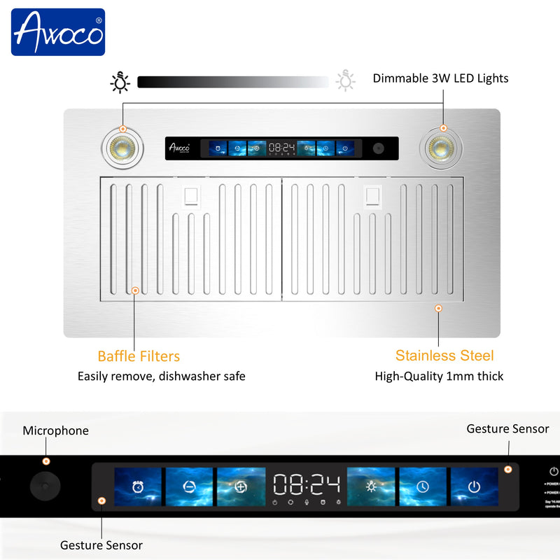 Awoco RH-IT06-V Ceiling Insert Mount Split Quiet Range Hood with Voice, Gesture, Touch, Remote Control, 800 CFM Kitchen Hood with 4-Speed Exhaust Fan, Stainless Steel Stove Hood with 6" Blower, LED Lights