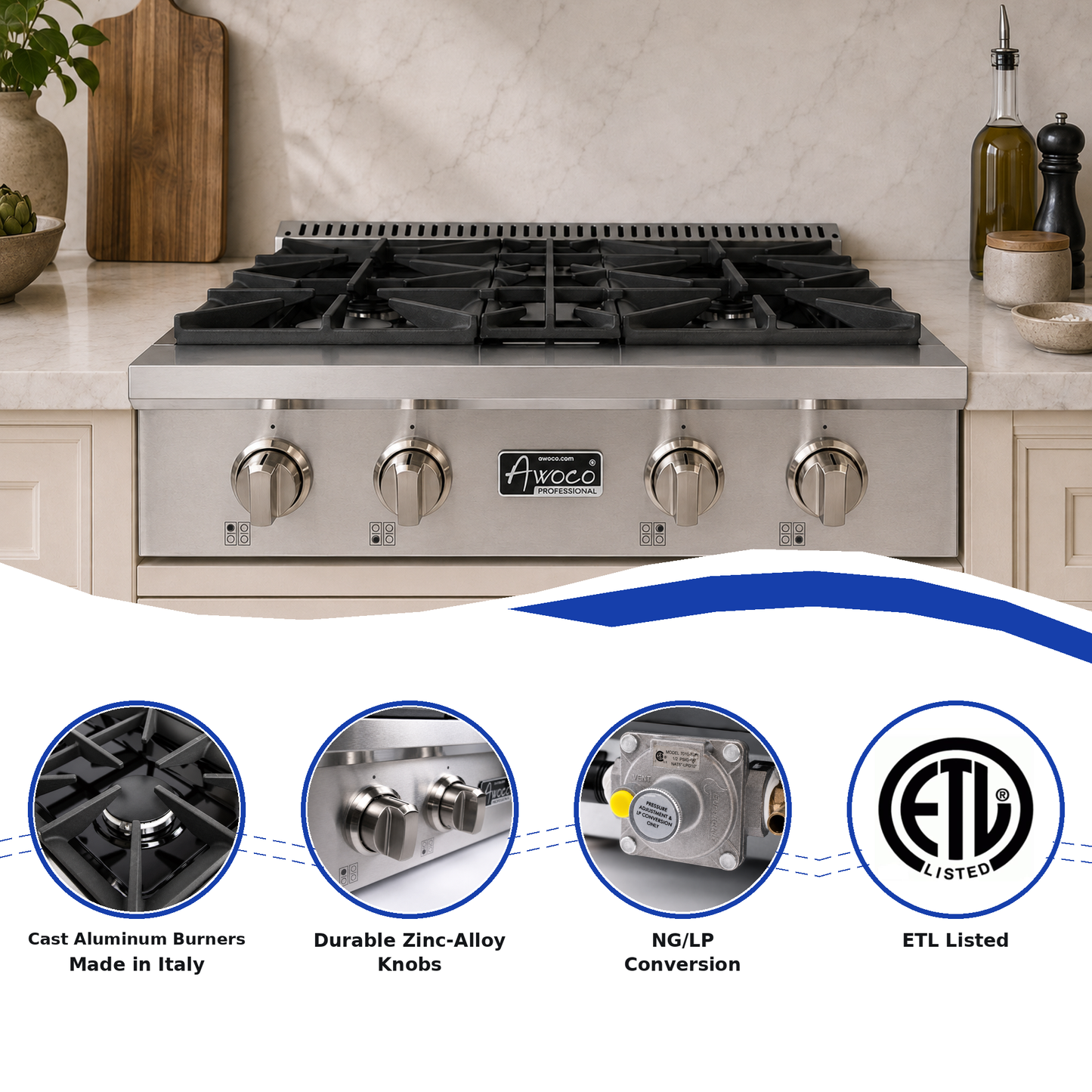 Awoco 30" Professional Stainless Steel Gas Cooktop Gas Rangetop | 48000 BTU, 4 Burners, LPG/NG Convertible, Cast Iron Grates, Zinc Alloy Knobs, ETL Certified