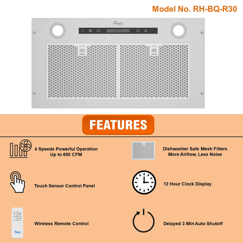 Awoco RH-BQ-R 14-1/2”D Built-in/Insert Stainless Steel Range Hood, 4-Speed, 650 CFM, LED Lights, Baffle Filters for Wood Hood
