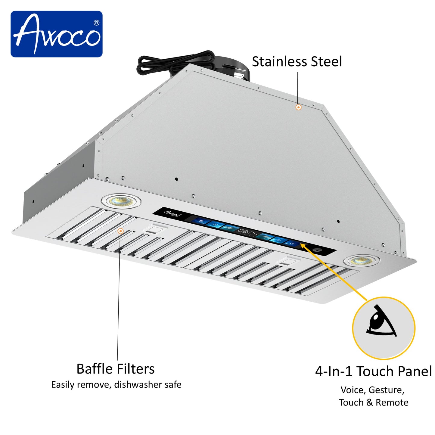 Awoco RH-BQ-V 11.75”D Built-in Insert Stainless Steel Range Hood, Kitchen Hood with 4-Speed Exhaust Fan, Voice, Gesture, Touch & Remote Controls, 6" Round Top Vent, 800 CFM, Dimmable LED Lights, Baffle Filters