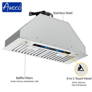 Awoco RH-BQ-V 11.75”D Built-in Insert Stainless Steel Range Hood, Kitchen Hood with 4-Speed Exhaust Fan, Voice, Gesture, Touch & Remote Controls, 6" Round Top Vent, 800 CFM, Dimmable LED Lights, Baffle Filters