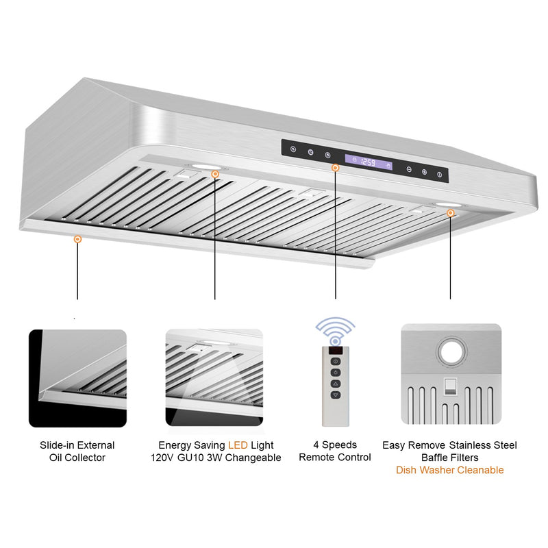 Awoco RH-S10-MS Under Cabinet Supreme 7” High Stainless Steel Range Hood, 4 Speeds with Gesture Sensing Touch Control Panel, 8” Round Top Vent, 1000 CFM with Remote Control & LED Lights