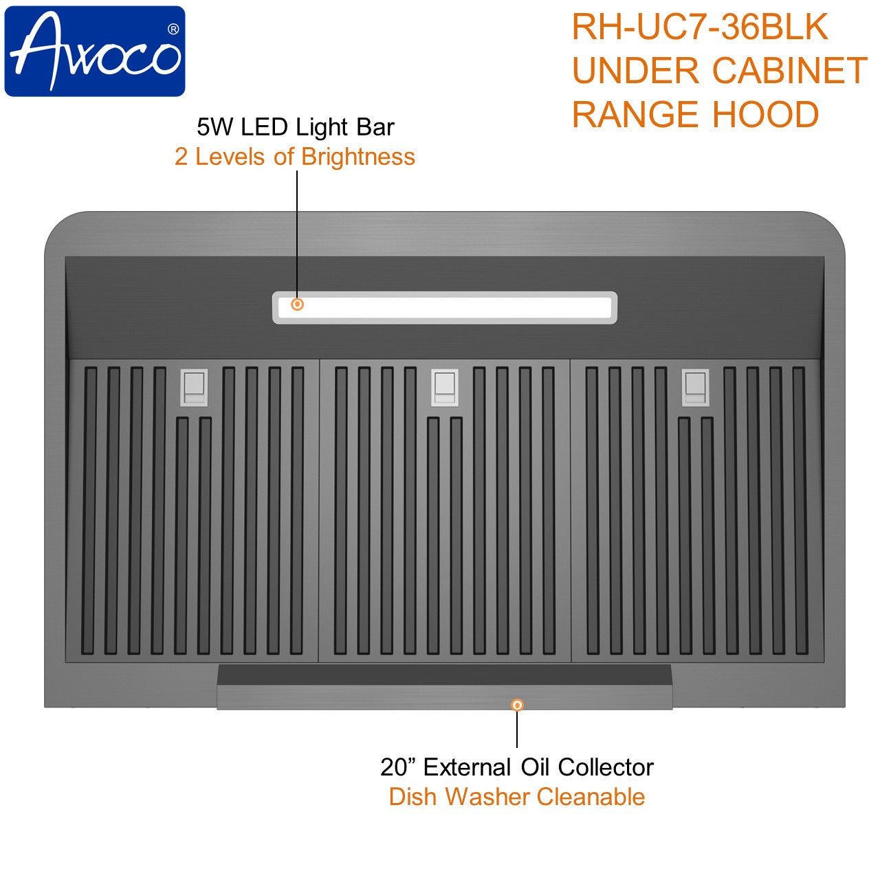 Awoco RH-UC7 36” Under Cabinet 7” High Stainless Steel Black Range Hood, 6 Speeds with Gesture Sensing Touch Control Panel, 900 CFM with Remote Control, 5W LED Light Bar