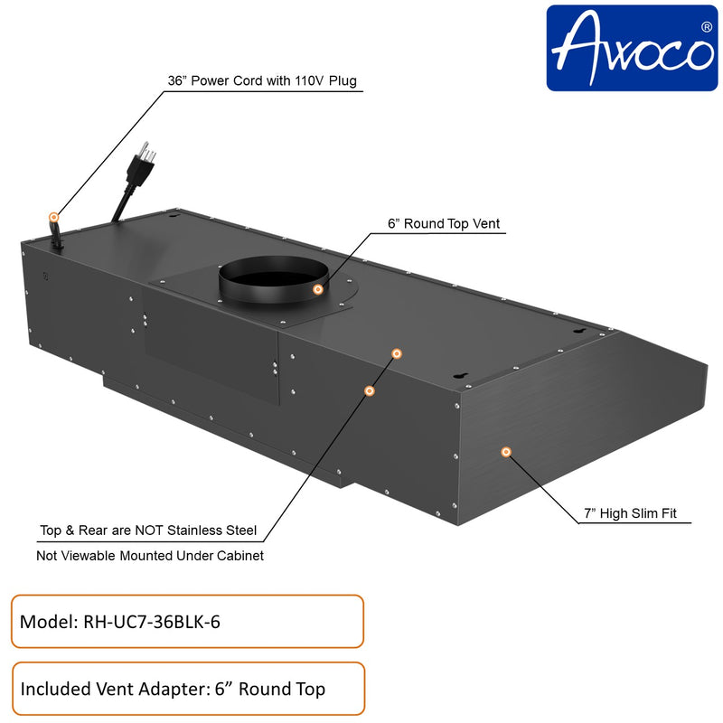 Awoco RH-UC7 36” Under Cabinet 7” High Stainless Steel Black Range Hood, 6 Speeds with Gesture Sensing Touch Control Panel, 900 CFM with Remote Control, 5W LED Light Bar