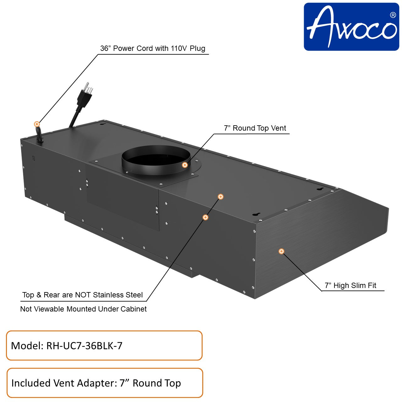 Awoco RH-UC7 36” Under Cabinet 7” High Stainless Steel Black Range Hood, 6 Speeds with Gesture Sensing Touch Control Panel, 900 CFM with Remote Control, 5W LED Light Bar