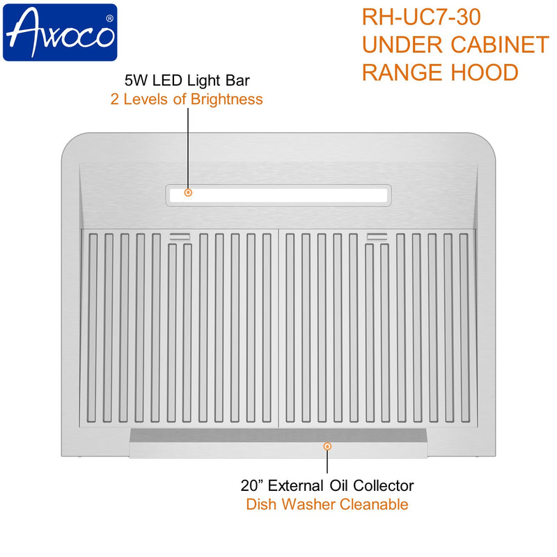 Awoco RH-UC7 30" Under Cabinet 7” High Stainless Steel Range Hood, 6 Speeds with Gesture Sensing Touch Control Panel, 900 CFM with Remote Control, 5W LED Light Bar