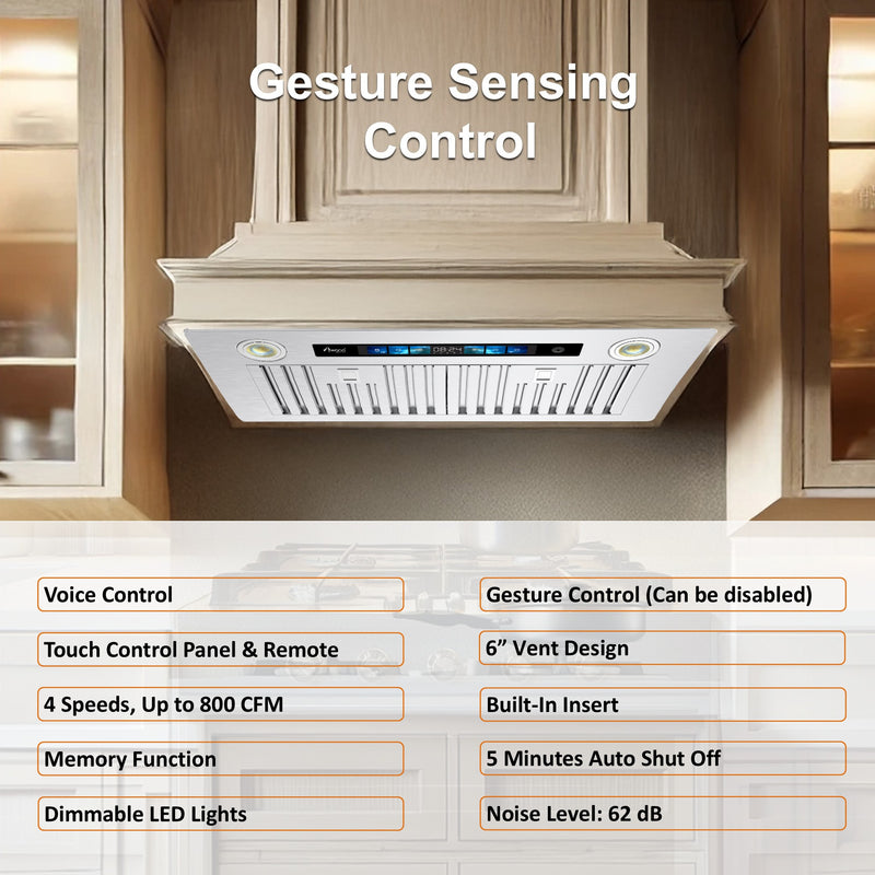 Awoco RH-BQ-V 11.75”D Built-in Insert Stainless Steel Range Hood, Kitchen Hood with 4-Speed Exhaust Fan, Voice, Gesture, Touch & Remote Controls, 6" Round Top Vent, 800 CFM, Dimmable LED Lights, Baffle Filters