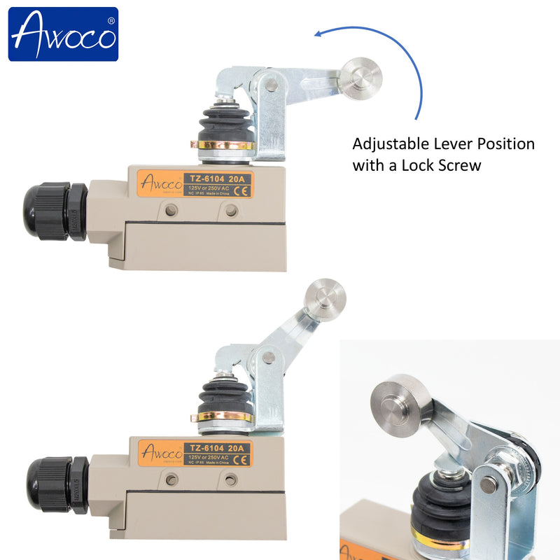 Awoco TZ-6104 Heavy Duty Commercial Door Micro Switch with Roller Plunger for Air Curtains, 250V 20A IP 65 Limit Switch Type NO and Type NC