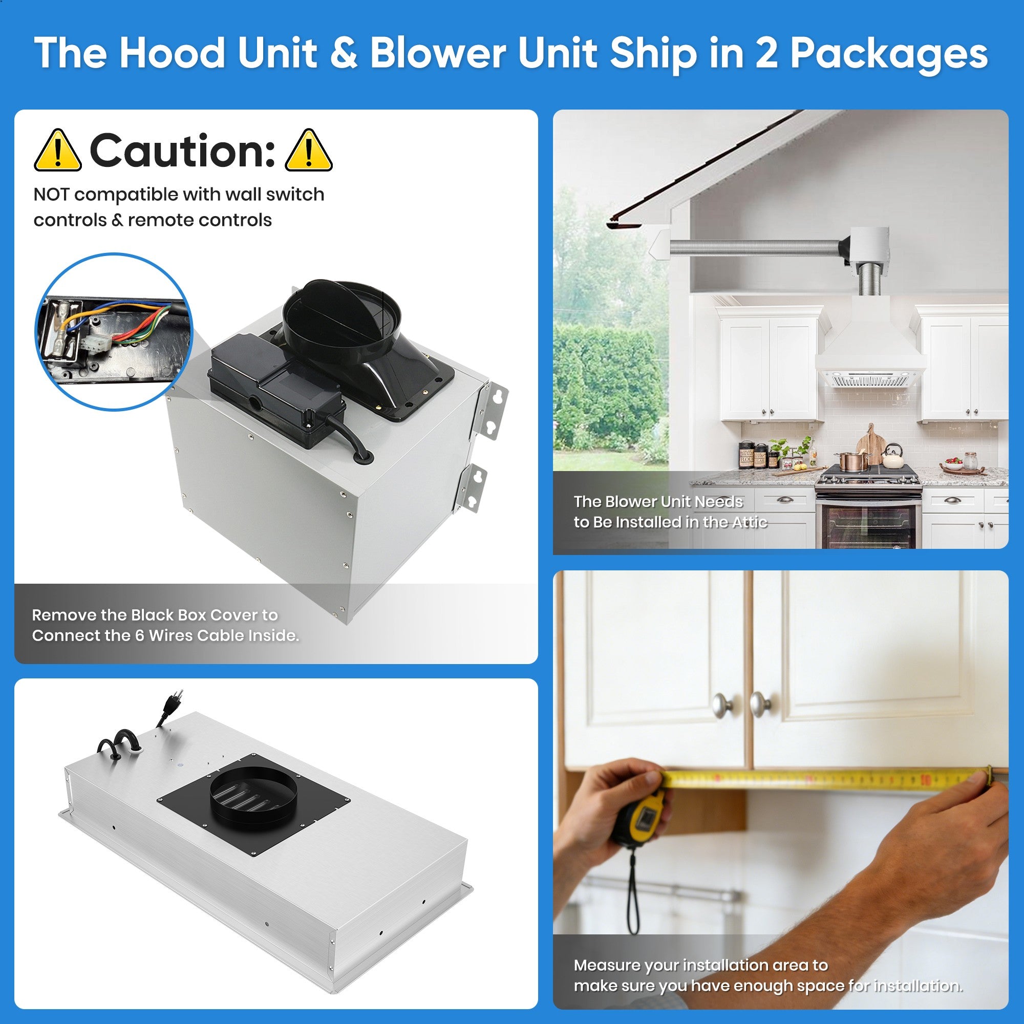 Awoco RH-IT06-R Ceiling Mount 14-1/2”D Super Quiet Split Stainless Steel Range Hood, 4-Speed, 800 CFM, Baffle Filters, Remote Control with 6” Blower