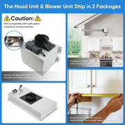 Awoco RH-IT06-R Ceiling Mount 14-1/2”D Super Quiet Split Stainless Steel Range Hood, 4-Speed, 800 CFM, Baffle Filters, Remote Control with 6” Blower