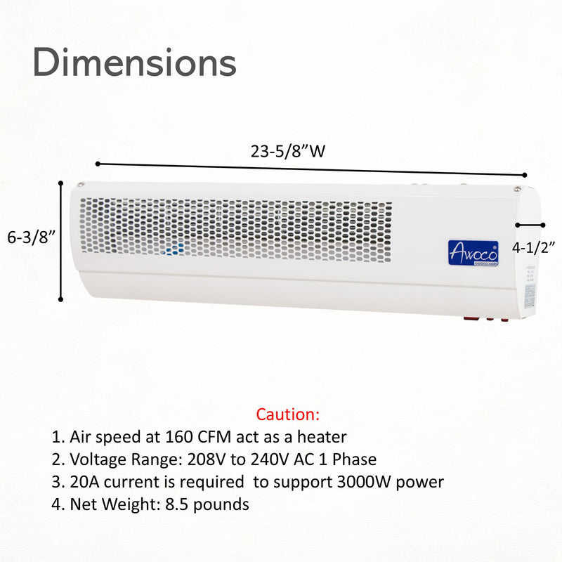 Awoco 24" Heated Air Curtain for Restaurant Drive-Thru Windows, 240VAC 1PH, 3000W, 160 CFM, 2 Heaters