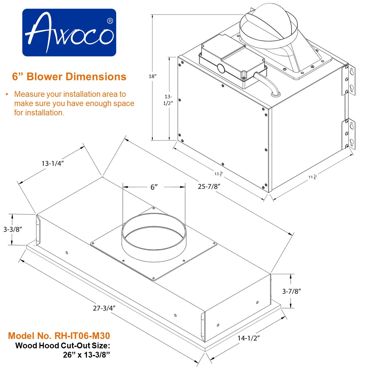 Awoco RH-IT06-M 14-1/2"D Super Quiet Split Insert Stainless Steel Range Hood, 4 Speeds With A 6" Blower Unit, 800CFM, Mesh Filters, LED Lights