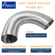 Awoco 8 Inches Diameter Semi-Rigid Flexible Aluminum Duct - Ideal for Kitchen, Bathroom, Range Hood Venting