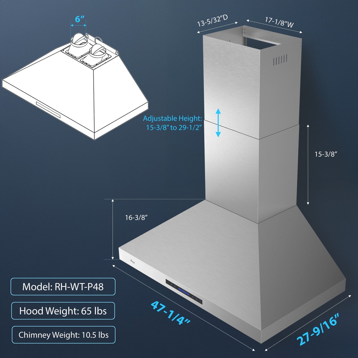 Awoco 48”W Indoor 27”D Wall Mount Range Hood with Touch & Remote Control, Stainless Steel 4 Speeds 1200 CFM Adjustable Chimneys 4 LED Lights 2 x 6” Round Top Vent