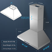 Awoco 48”W Indoor 27”D Wall Mount Range Hood with Touch & Remote Control, Stainless Steel 4 Speeds 1200 CFM Adjustable Chimneys 4 LED Lights 2 x 6” Round Top Vent