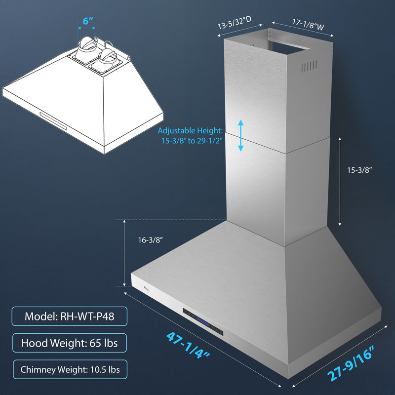 Awoco 48”W Indoor 27”D Wall Mount Range Hood with Touch & Remote Control, Stainless Steel 4 Speeds 1200 CFM Adjustable Chimneys 4 LED Lights 2 x 6” Round Top Vent