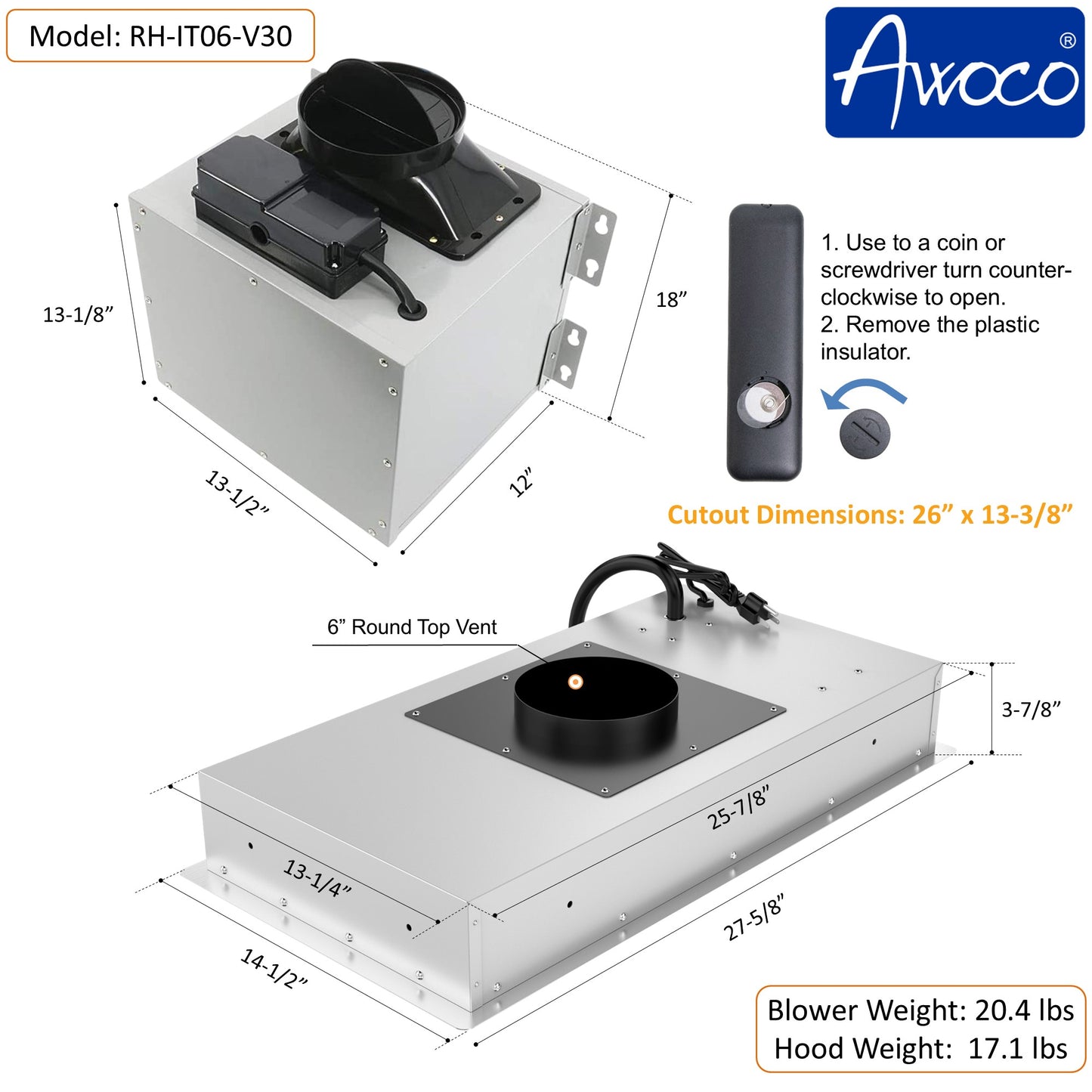 [Refurbished-A] Awoco RH-IT06 Split Quiet Ceiling Mount Range Hood - 6 Inch High Top Vent, 800 CFM, Voice/Gesture/Touch/Remote Control, 30" & 36"
