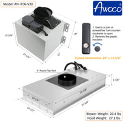 [Refurbished-A] Awoco RH-IT06 Split Quiet Ceiling Mount Range Hood - 6 Inch High Top Vent, 800 CFM, Voice/Gesture/Touch/Remote Control, 30" & 36"