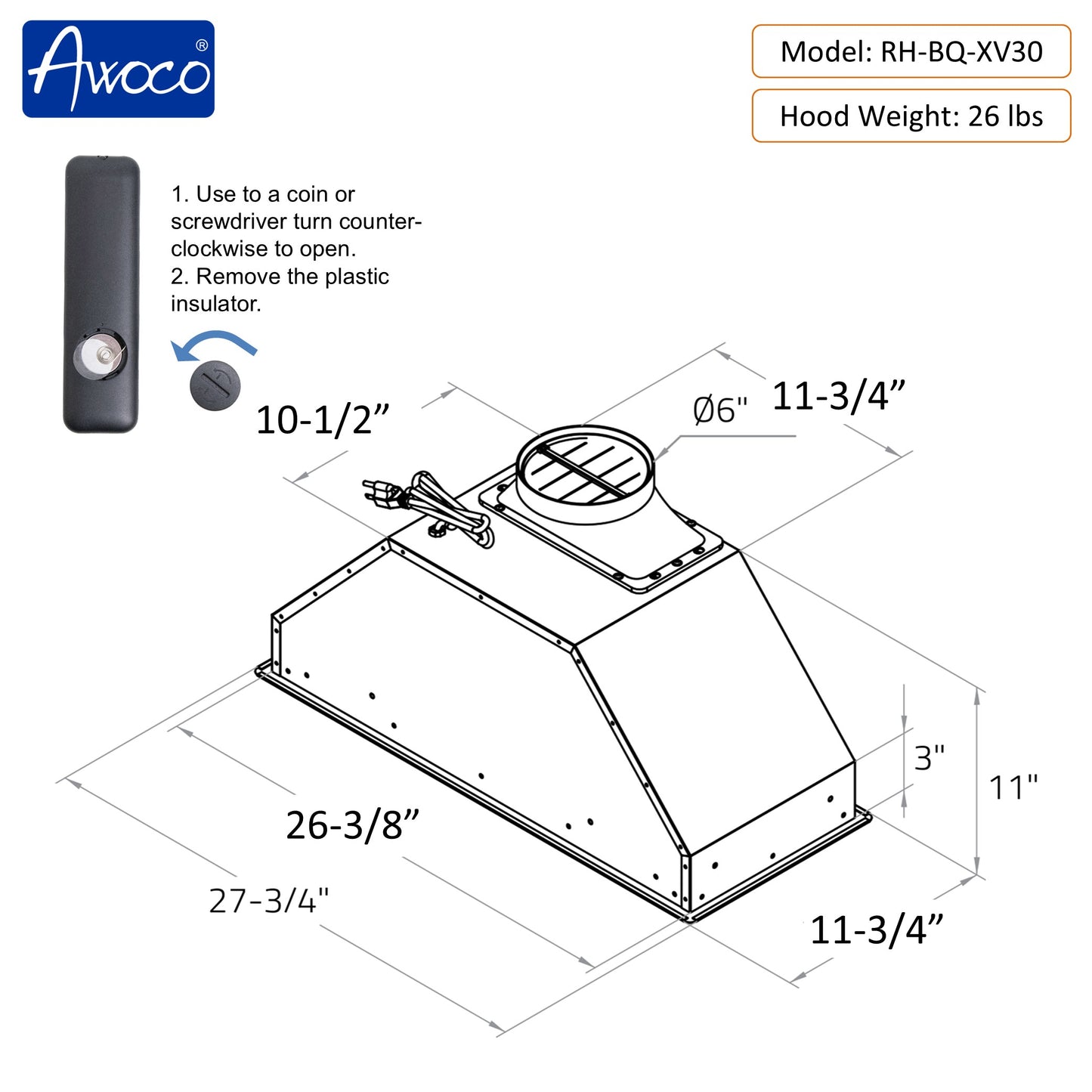 Awoco RH-BQ-V 11.75”D Built-in Insert Stainless Steel Range Hood, Kitchen Hood with 4-Speed Exhaust Fan, Voice, Gesture, Touch & Remote Controls, 6" Round Top Vent, 800 CFM, Dimmable LED Lights, Baffle Filters