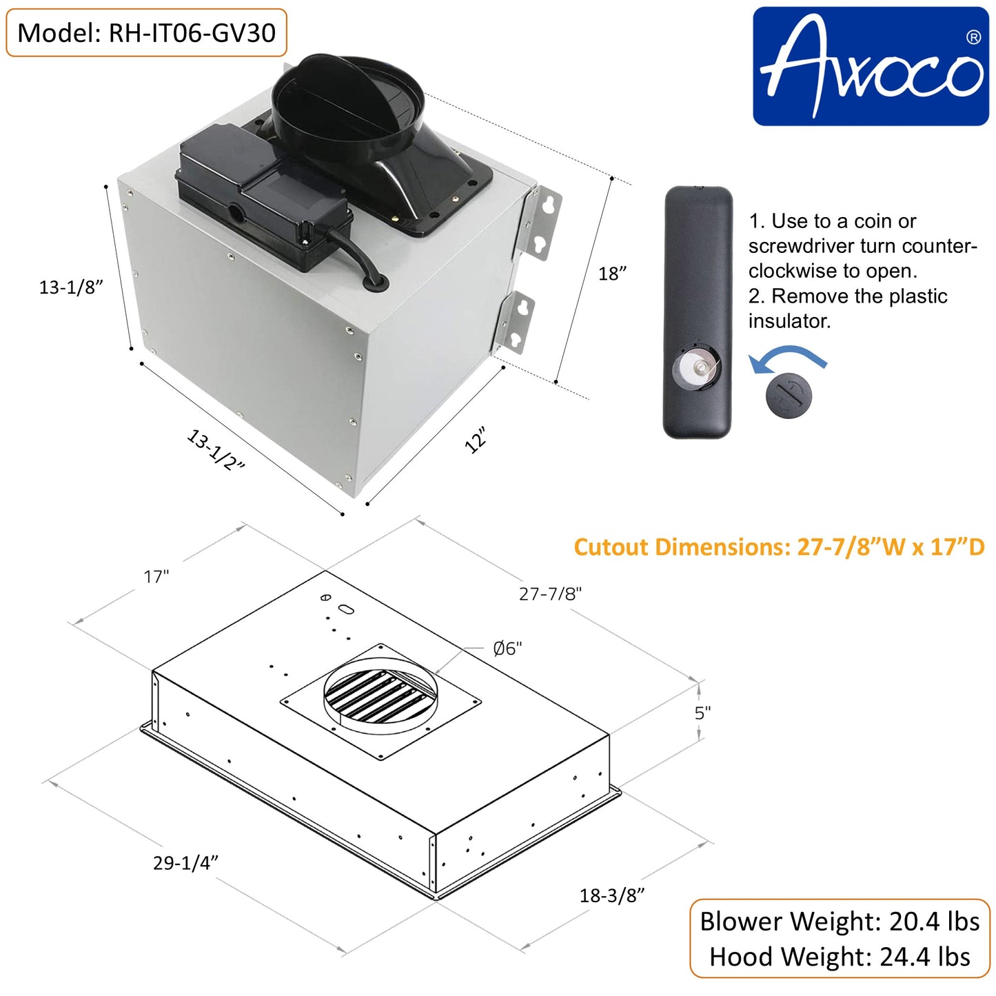 Awoco RH-IT06-GV 18.5”D Flush Ceiling Mount Split Insert Range Hood with Voice, Gesture, Touch, Remote Controls, 4-Speed 800 CFM Stainless Steel Hood with 6” Round Vent LED Lights