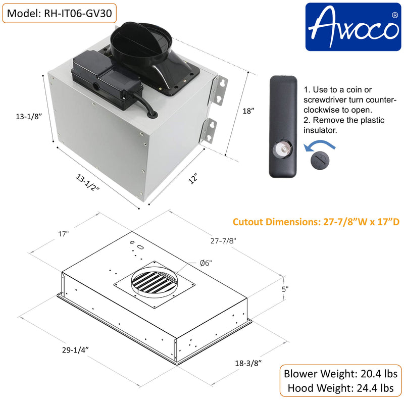 Awoco RH-IT06-GV 18.5”D Flush Ceiling Mount Split Insert Range Hood with Voice, Gesture, Touch, Remote Controls, 4-Speed 800 CFM Stainless Steel Hood with 6” Round Vent LED Lights