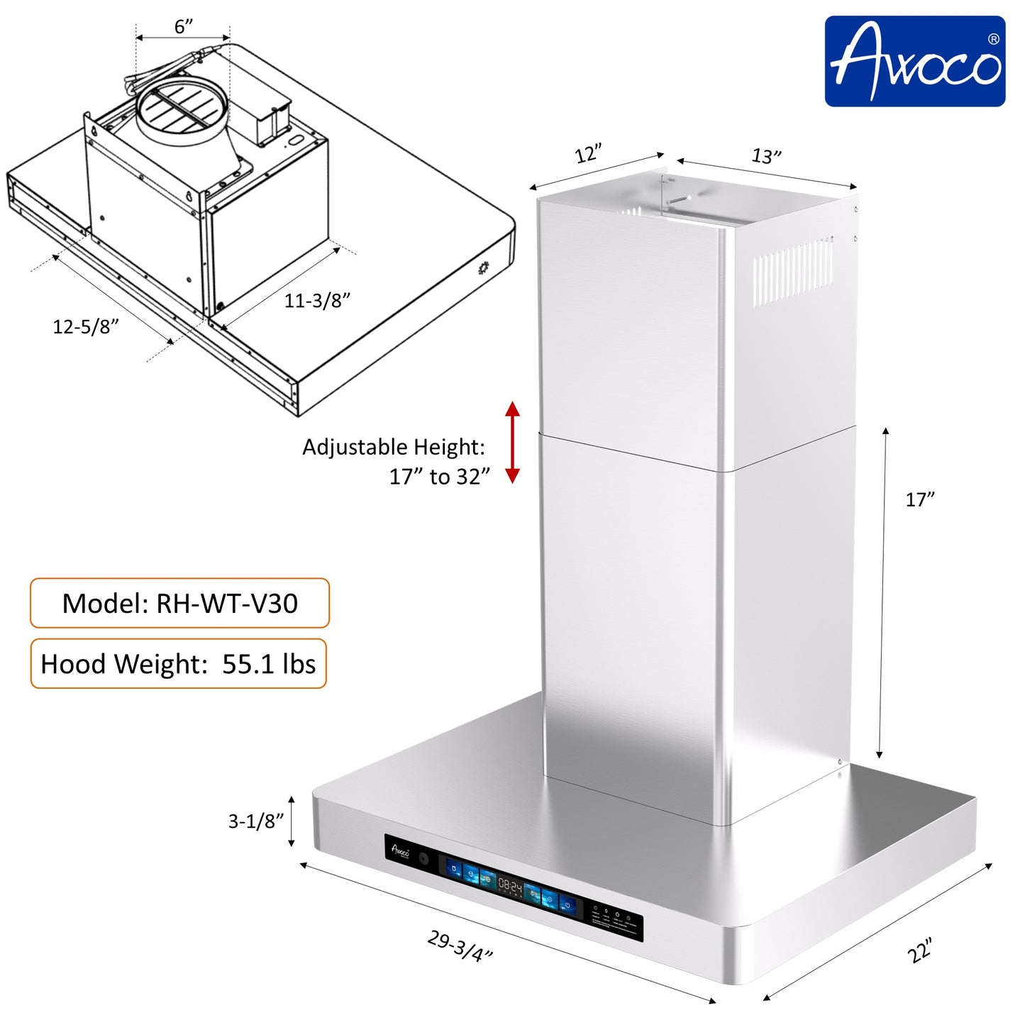 Awoco RH-WT-V Wall Mount Range Hood, T-Shape Kitchen Hood with 800 CFM, Voice, Gesture, Touch & Remote Controls, Stainless Steel, 6" Vent, Dimmable LED Lights, Baffle Filters, Adjustable Chimney