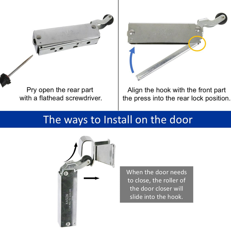 Kason 1094 Hydraulic Door Closer, Concealed or Exposed Mounting with Adjustable Wide Hook for Walk-In Coolers/Freezers