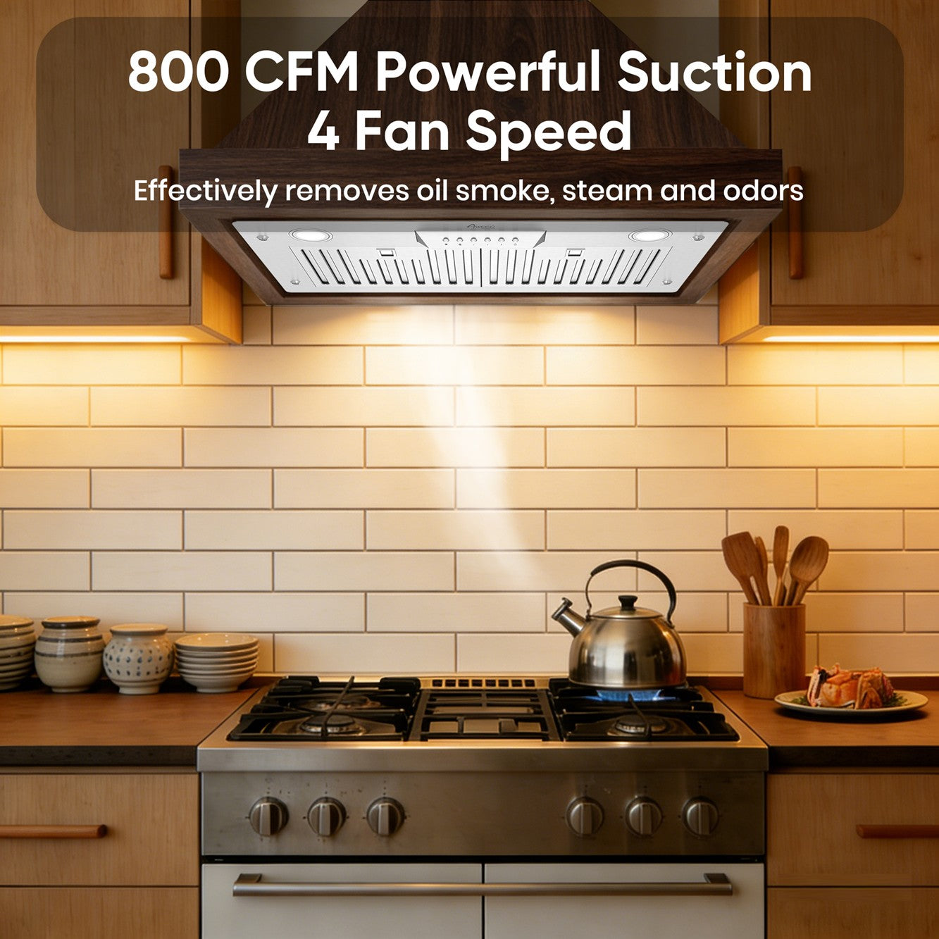 Awoco RH-IT06-M 14-1/2"D Super Quiet Split Insert Stainless Steel Range Hood, 4 Speeds with a 6" Blower Unit, 800CFM, LED Lights