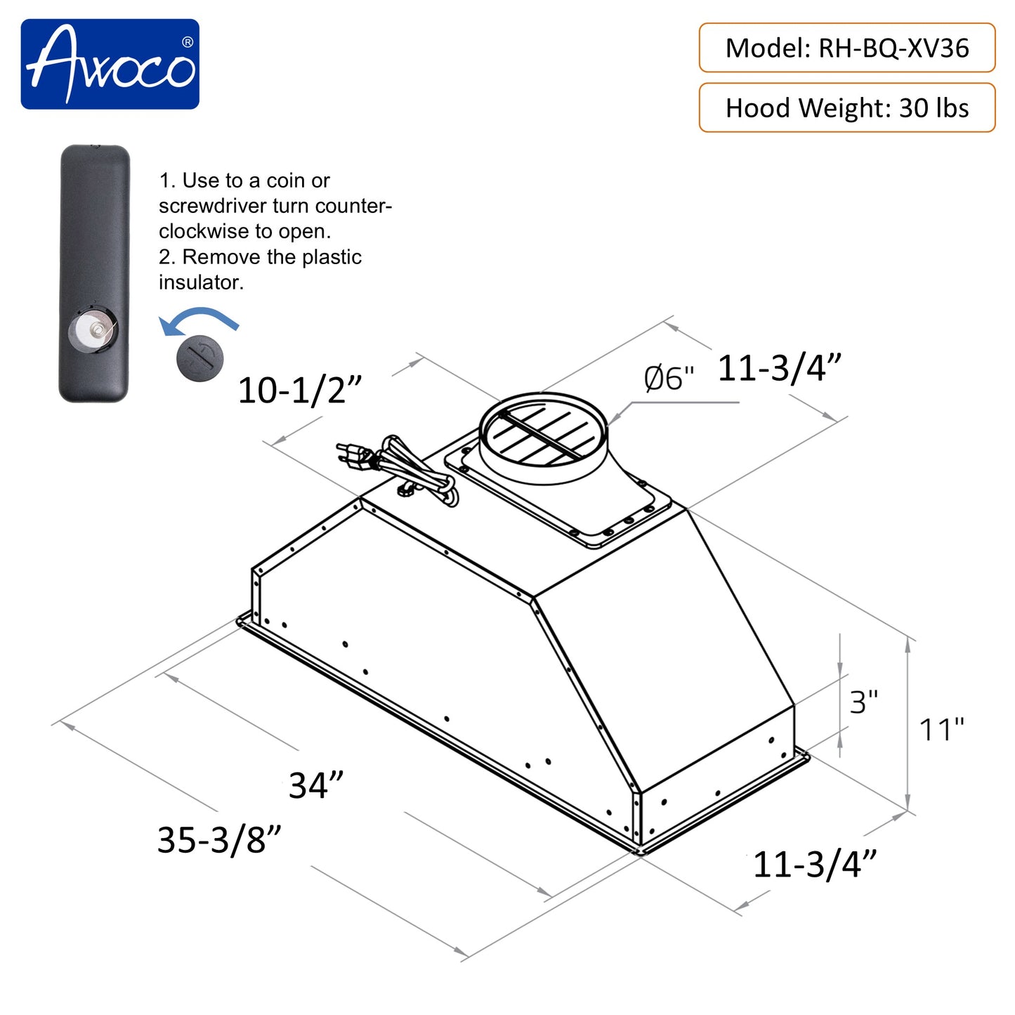 Awoco RH-BQ-V 11.75”D Built-in Insert Stainless Steel Range Hood, Kitchen Hood with 4-Speed Exhaust Fan, Voice, Gesture, Touch & Remote Controls, 6" Round Top Vent, 800 CFM, Dimmable LED Lights, Baffle Filters
