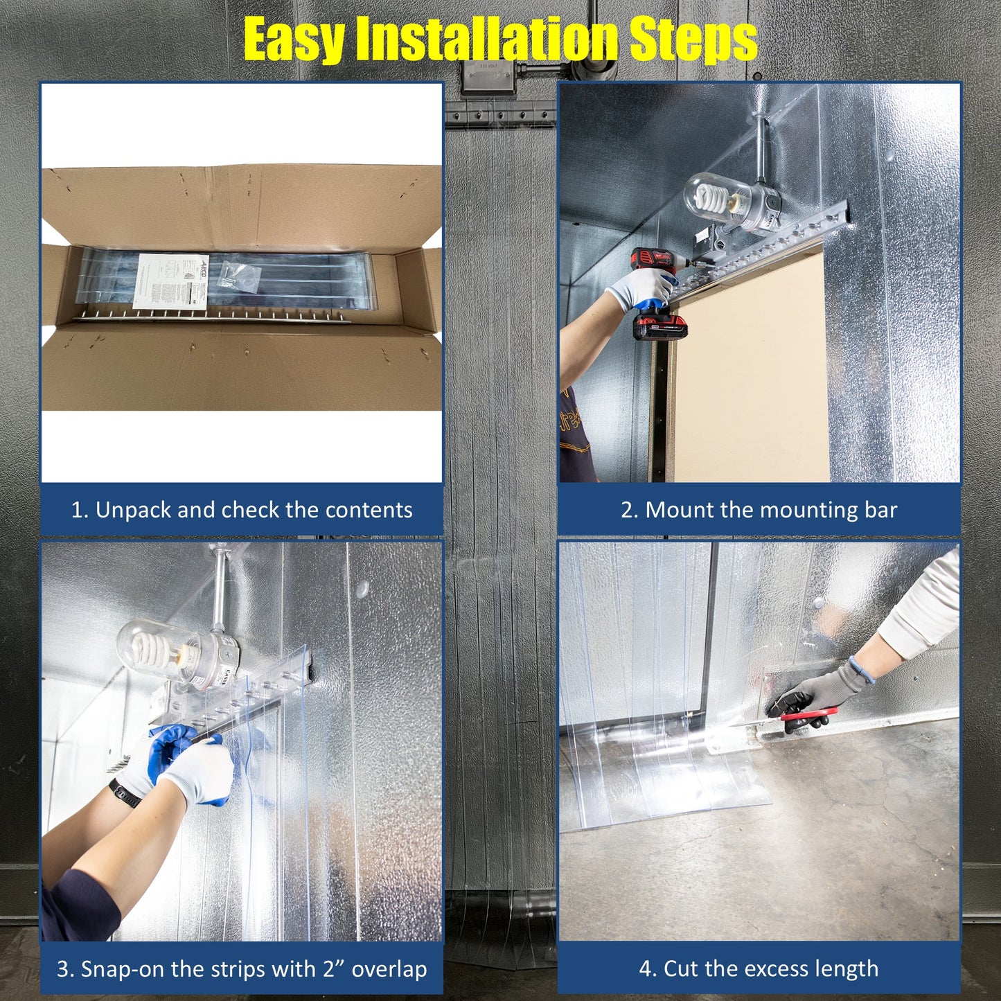 Aleco 40"W x 84"H Clear-Flex II Standard Smooth Cooler Strip Curtain Door Kit with Aluminum MaxBullet Mounting Hareware NSF/USDA  7 pcs 8" x 84" x 0.08" Vinyl Curtain Strips, -10°F to 150°F