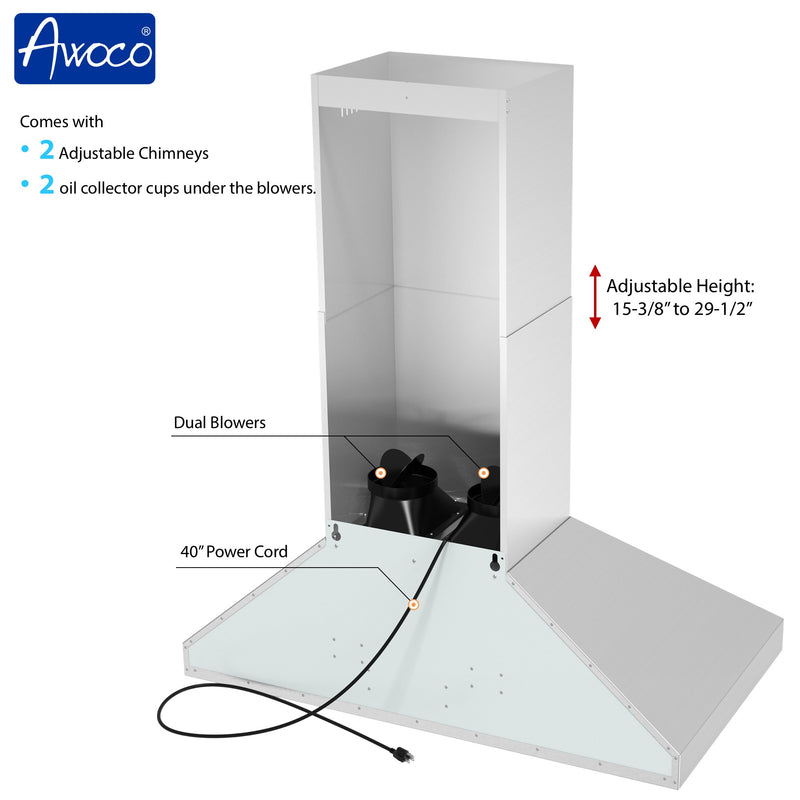 Awoco 48”W Indoor 27”D Wall Mount Range Hood with Touch & Remote Control, Stainless Steel 4 Speeds 1200 CFM Adjustable Chimneys 4 LED Lights 2 x 6” Round Top Vent