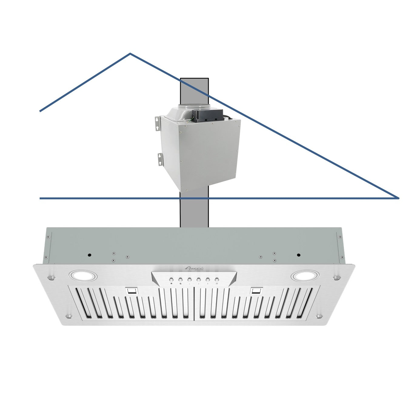 Awoco RH-IT08-M 14-1/2"D Super Quiet Split Insert Stainless Steel Range Hood, 4 Speeds with a 8" Blower Unit, 1000CFM, LED Lights