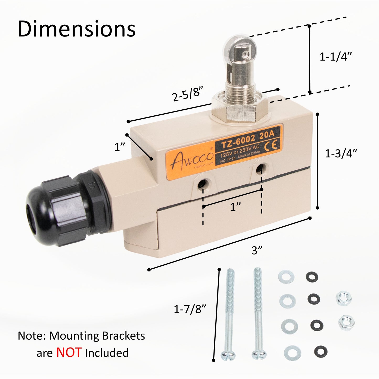 Awoco TZ-6002 Heavy Duty Commercial Door Micro Switch with Parallel Roller Plunger for Sliding Doors/Windows for Air Curtains, 250V IP 65 Limit Switch Type NO and Type NC