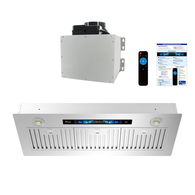 Awoco RH-IT06-V Ceiling Insert Mount Split Quiet Range Hood with Voice, Gesture, Touch, Remote Control, 800 CFM Kitchen Hood with 4-Speed Exhaust Fan, Stainless Steel Stove Hood with 6" Blower, LED Lights