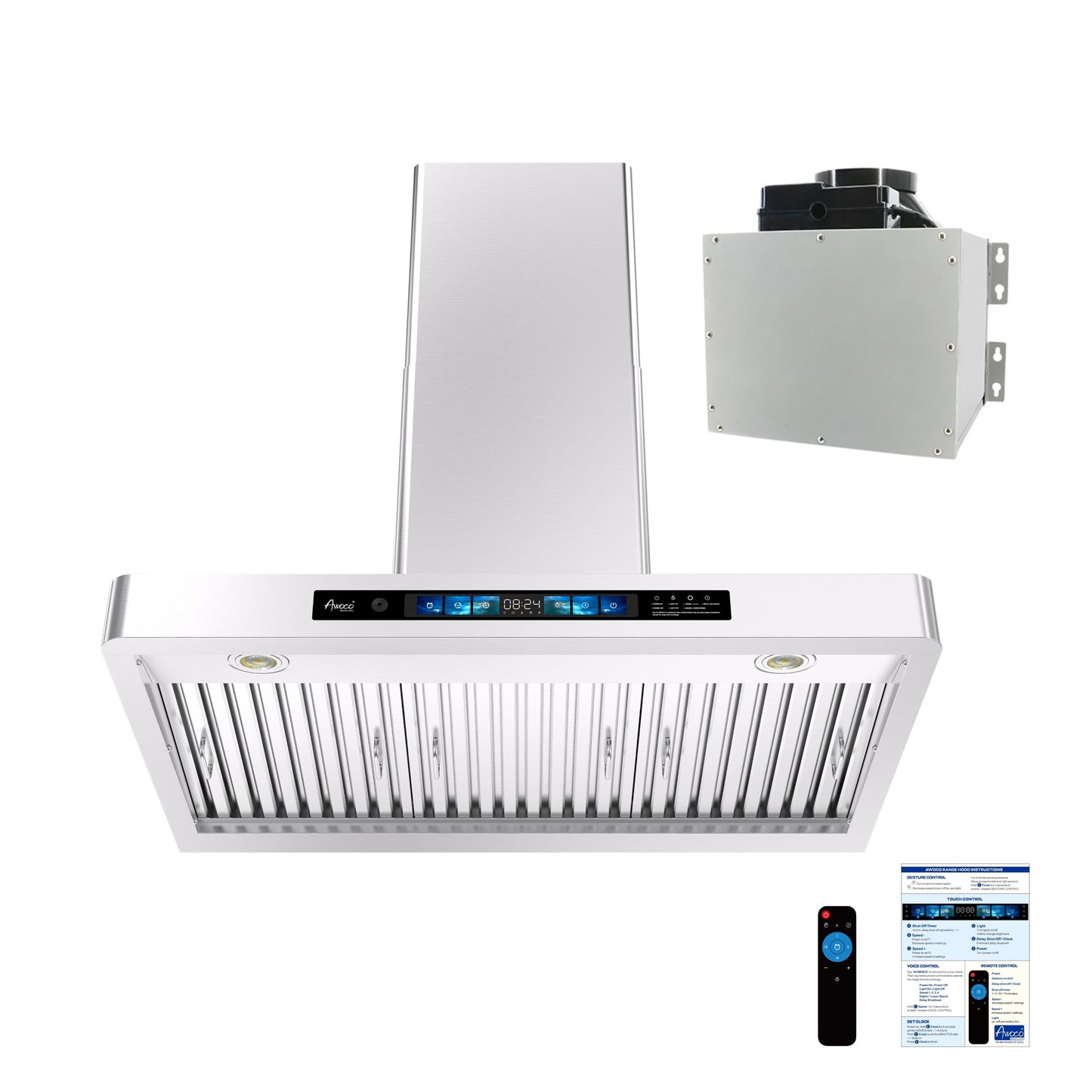 Awoco RH-WT-V Wall Mount Range Hood - 800CFM - Voice & Gesture -  Adjustable Chimney, With 6” Blower Unit