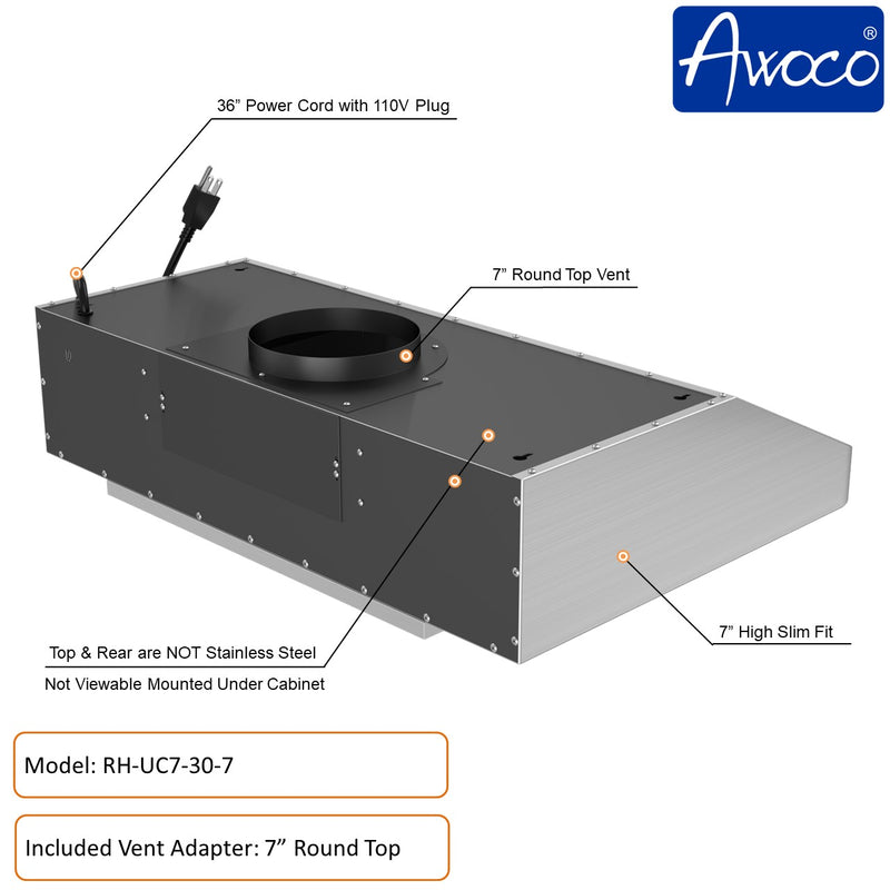 Awoco RH-UC7 30" Under Cabinet 7” High Stainless Steel Range Hood, 6 Speeds with Gesture Sensing Touch Control Panel, 900 CFM with Remote Control, 5W LED Light Bar