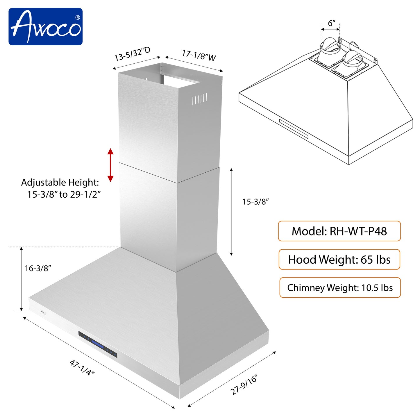 Awoco 48”W Indoor 27”D Wall Mount Range Hood with Touch & Remote Control, Stainless Steel 4 Speeds 1200 CFM Adjustable Chimneys 4 LED Lights 2 x 6” Round Top Vent