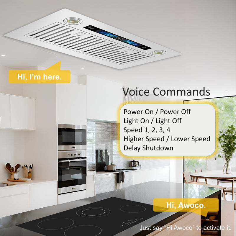 Awoco RH-IT06-V Ceiling Insert Mount Split Quiet Range Hood with Voice, Gesture, Touch, Remote Control, 800 CFM Kitchen Hood with 4-Speed Exhaust Fan, Stainless Steel Stove Hood with 6" Blower, LED Lights