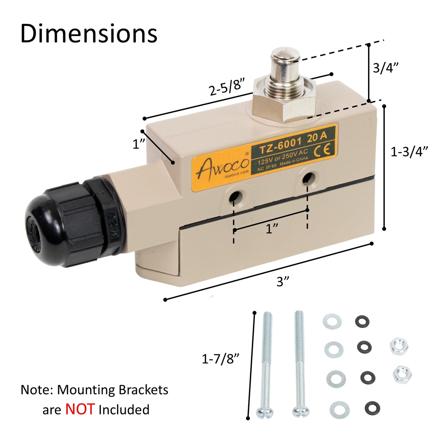 Awoco TZ-6001 Heavy Duty Commercial Plunger Door Micro Switch for Air Curtains, 250V IP 65 Limit Switch Type NO and Type NC